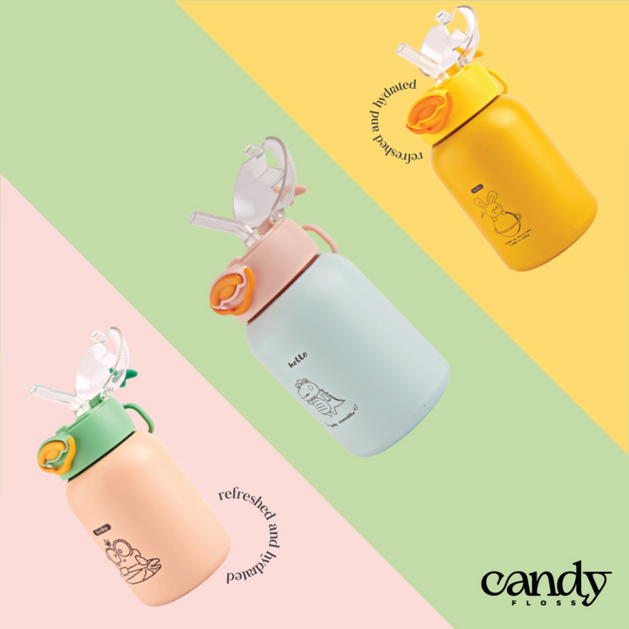 Refillable stainless steel insulated bottle with a leakproof lid featuring a cute duck face design. Perfect for travel. 400ml capacity.