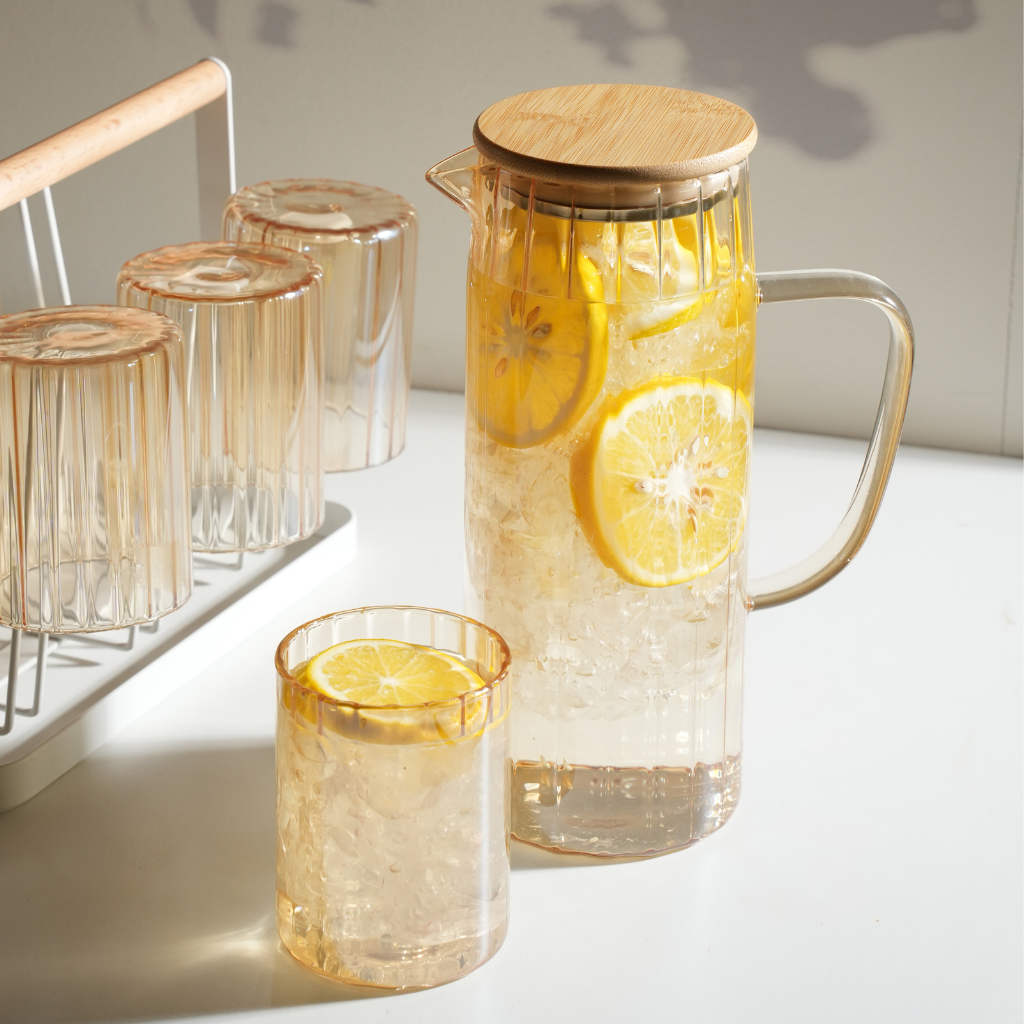 Glass Drinkware Set With Jar and 7 Cups Set - Golden tinted