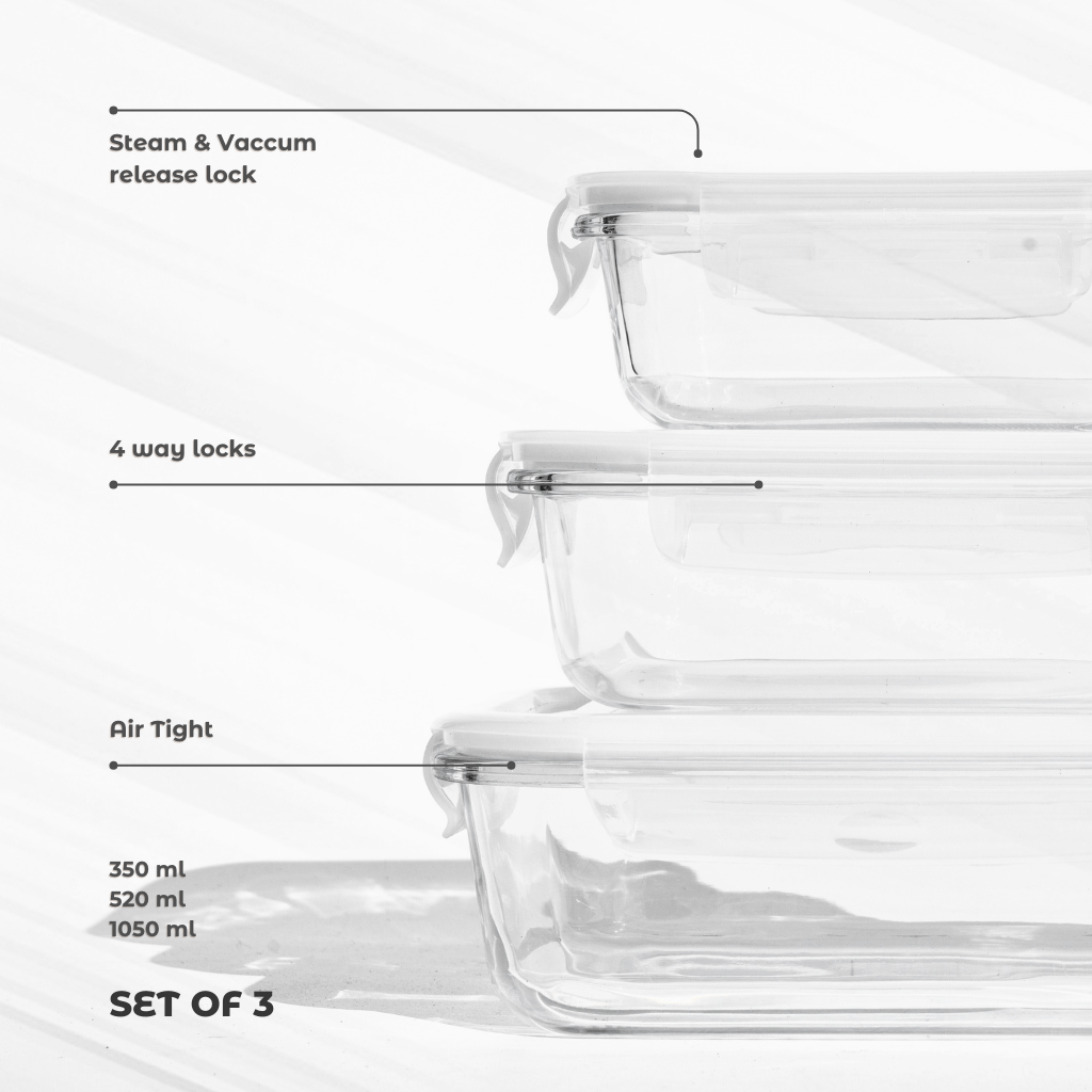 Airtight Borosilicate Glass Containers – Premium, Leakproof & Aesthetic! (Set of 3) Food Storage