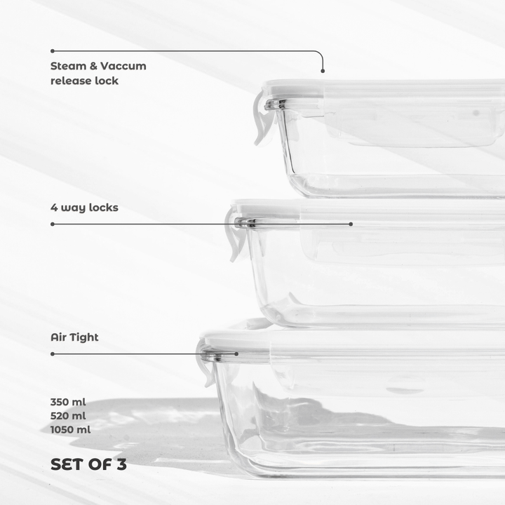 Airtight Borosilicate Glass Containers – Premium, Leakproof & Aesthetic! (Set of 3) Food Storage