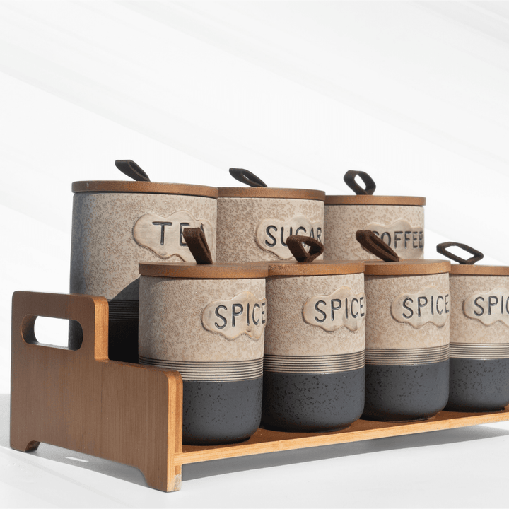 Airtight Spice Jars Set of 7 With Wooden Kitchen Organiser Rack Food Storage