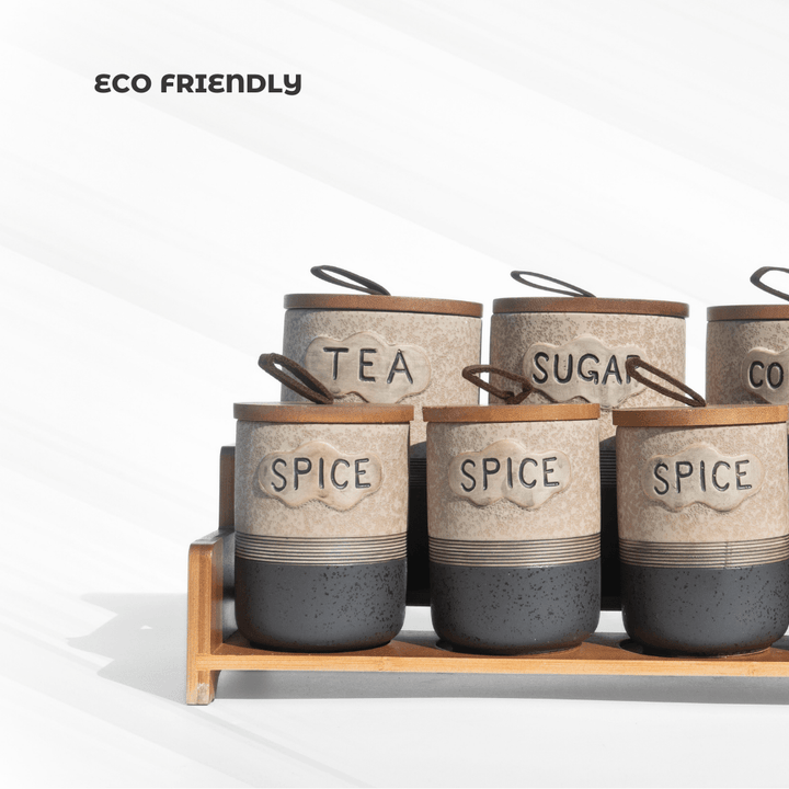 Airtight Spice Jars Set of 7 With Wooden Kitchen Organiser Rack Food Storage