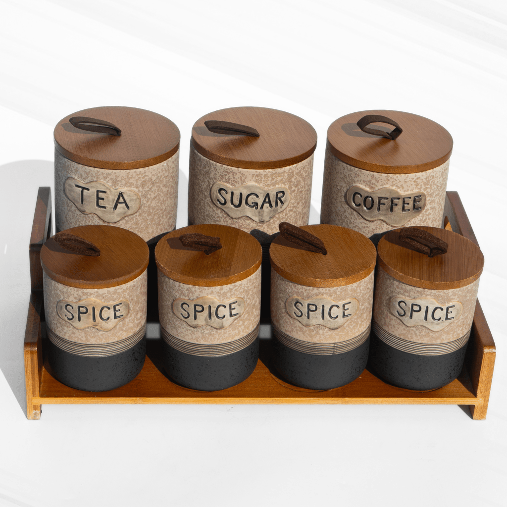 Airtight Spice Jars Set of 7 With Wooden Kitchen Organiser Rack Food Storage