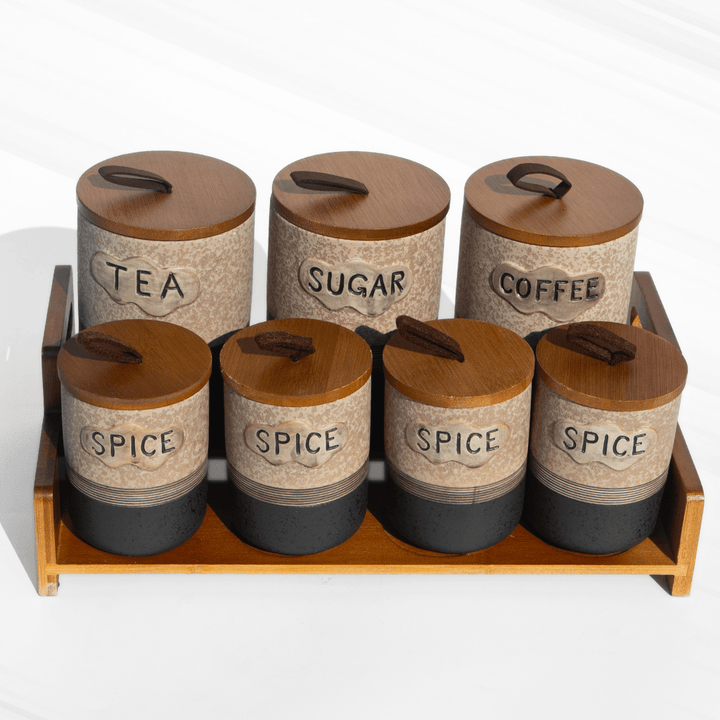 Airtight Spice Jars Set of 7 With Wooden Kitchen Organiser Rack Food Storage