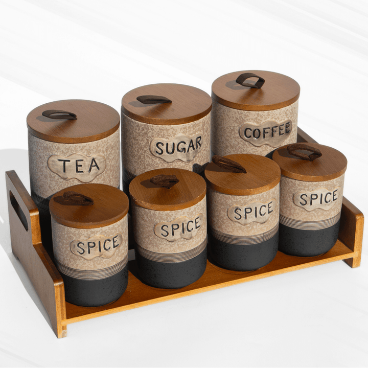 Airtight Spice Jars Set of 7 With Wooden Kitchen Organiser Rack Food Storage