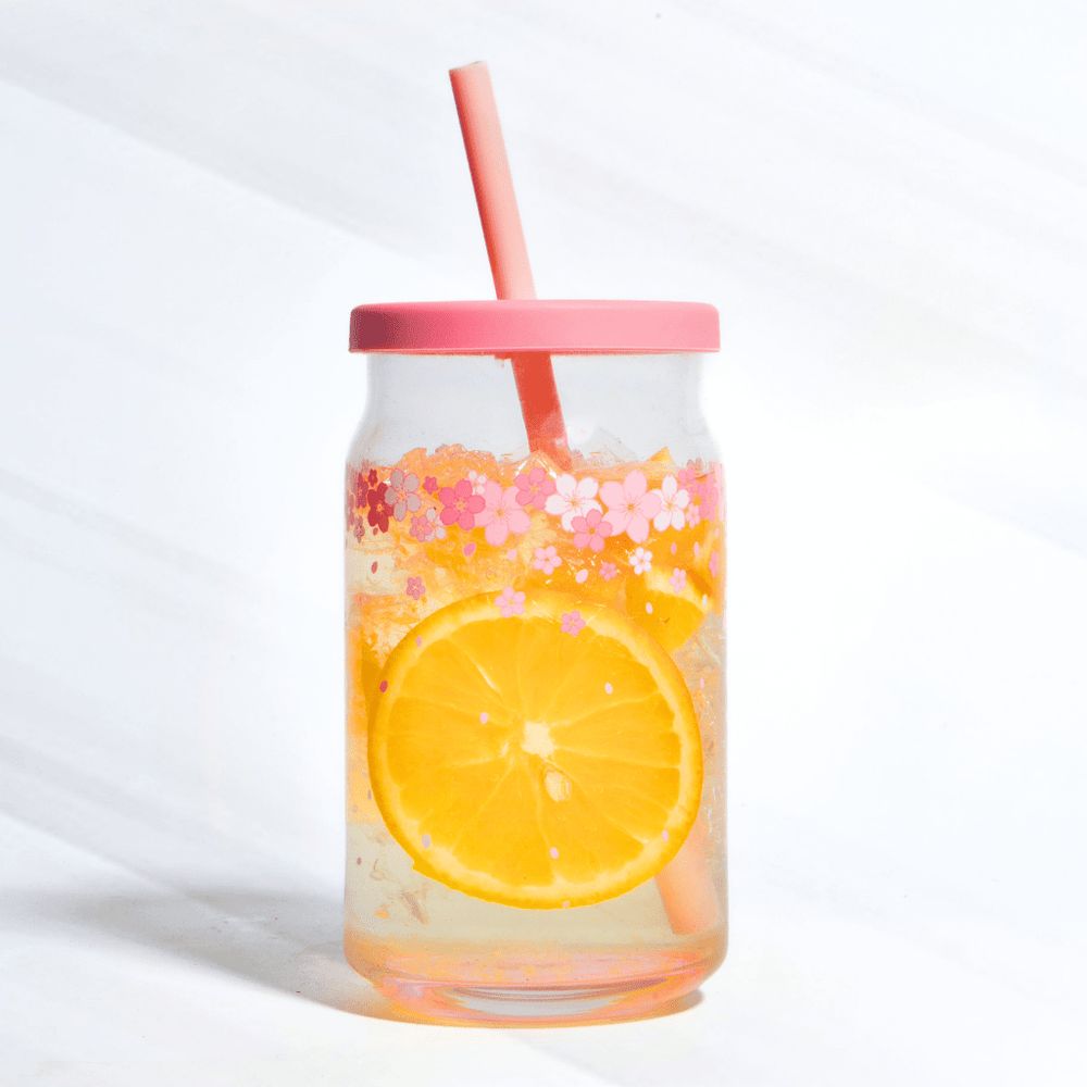 Blossom Pink Jar with Silicone Lid & Straw masson jar