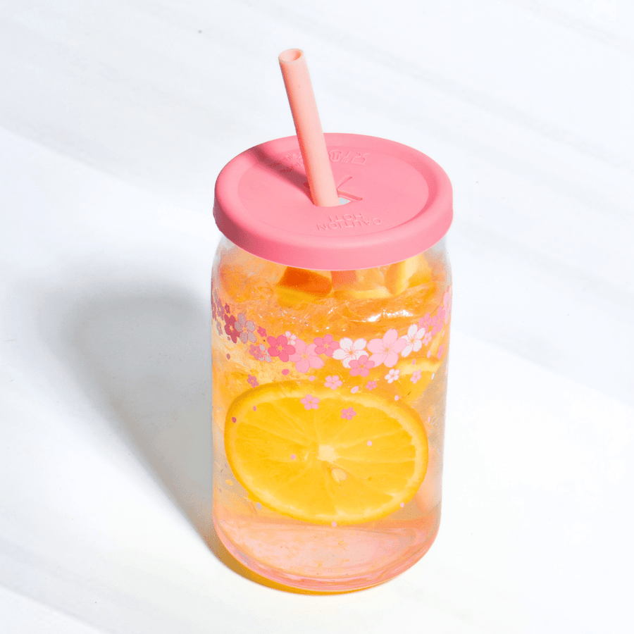 Blossom Pink Jar with Silicone Lid & Straw masson jar