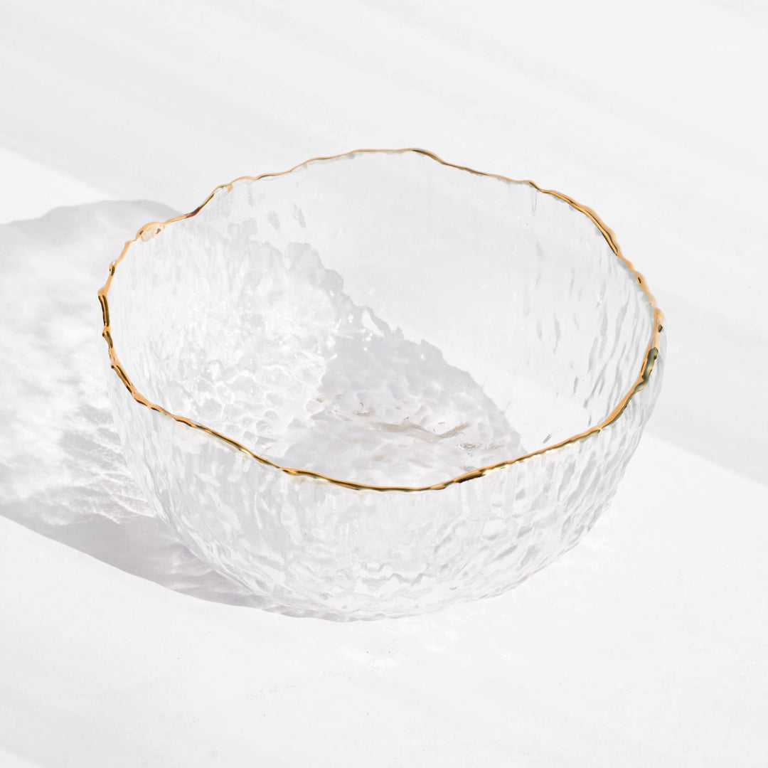 hite glass bowl with a gold rim. Perfect for mixing, serving, salads, fruits, snacks, or as a decorative bowl. Dishwasher safe.