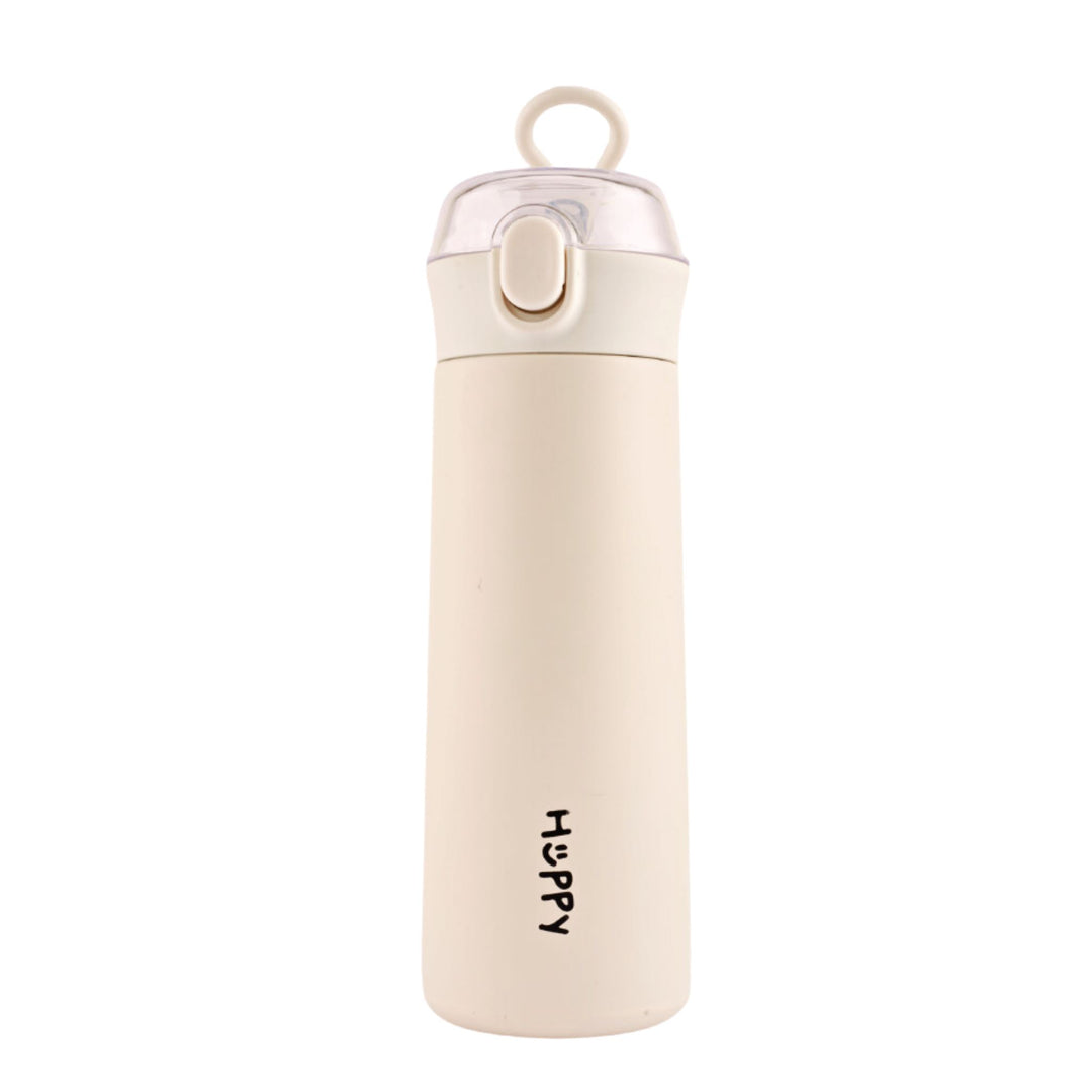 Refillable cream colour stainless steel insulated flask with a push-button lid. Perfect for travel.