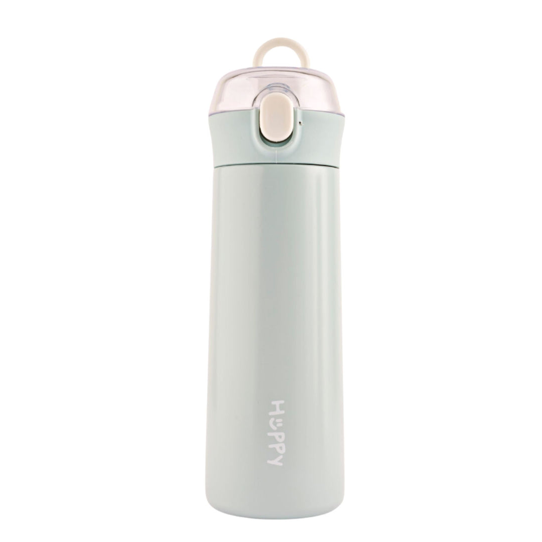Refillable pastel colored stainless steel insulated flask with a push-button lid. Perfect for travel.