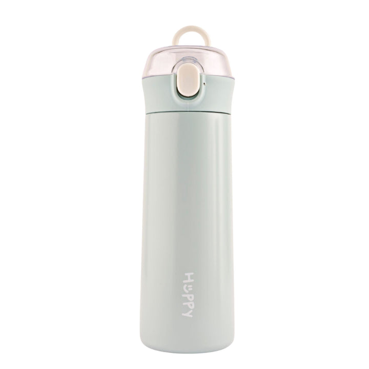 Refillable pastel colored stainless steel insulated flask with a push-button lid. Perfect for travel.
