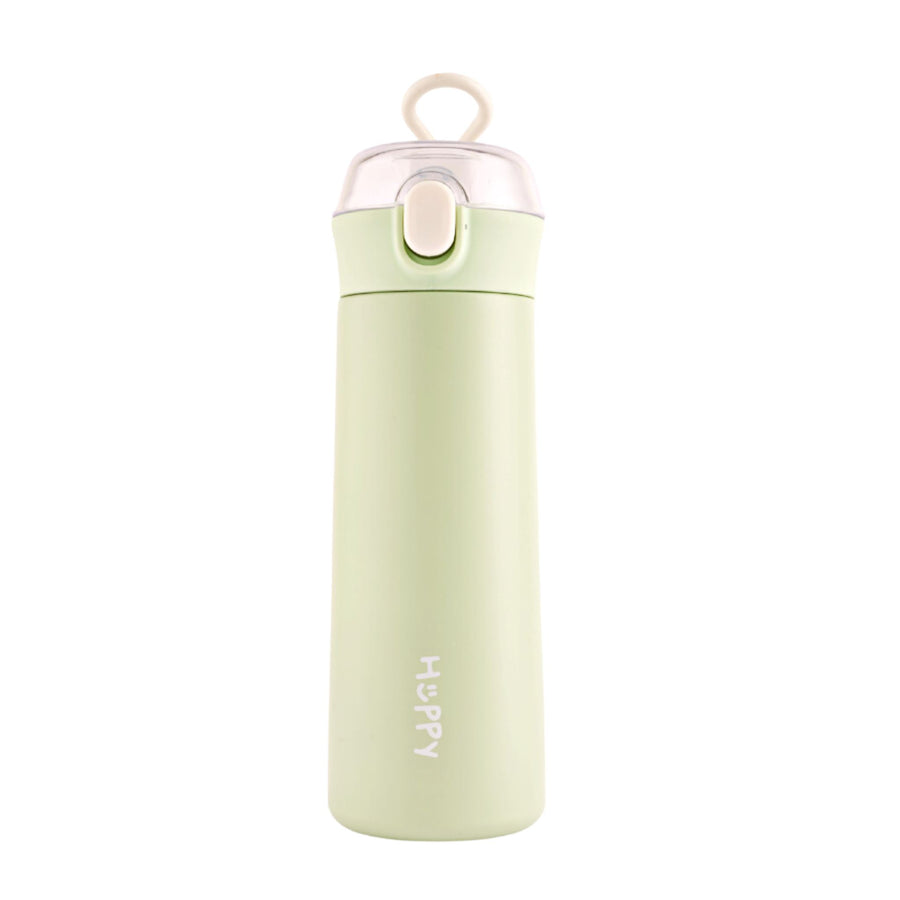 Refillable mint green stainless steel insulated flask with a push-button lid. Perfect for travel.