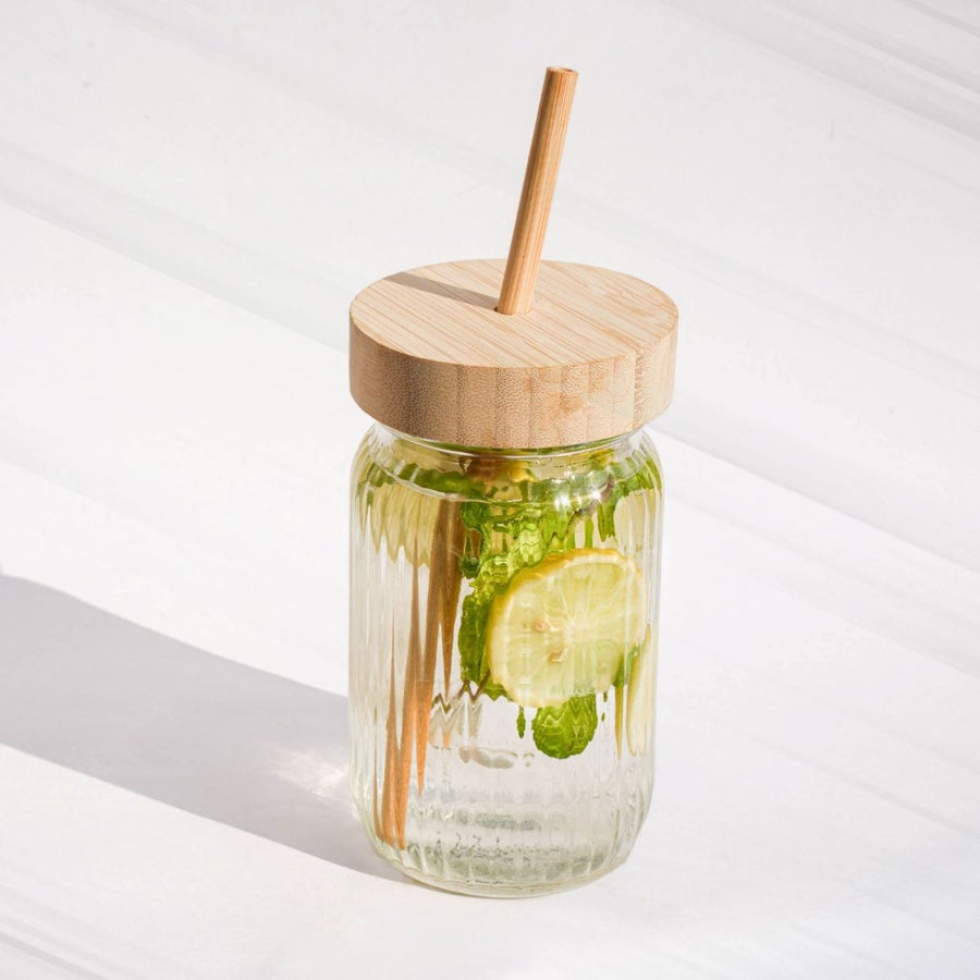 Eco - Friendly Glass Sipper Jar with Bamboo Lid and Straw masson jar