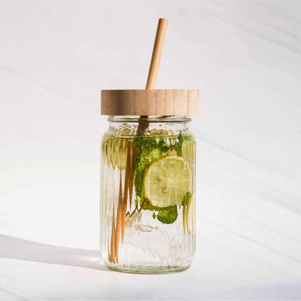 Eco - Friendly Glass Sipper Jar with Bamboo Lid and Straw masson jar