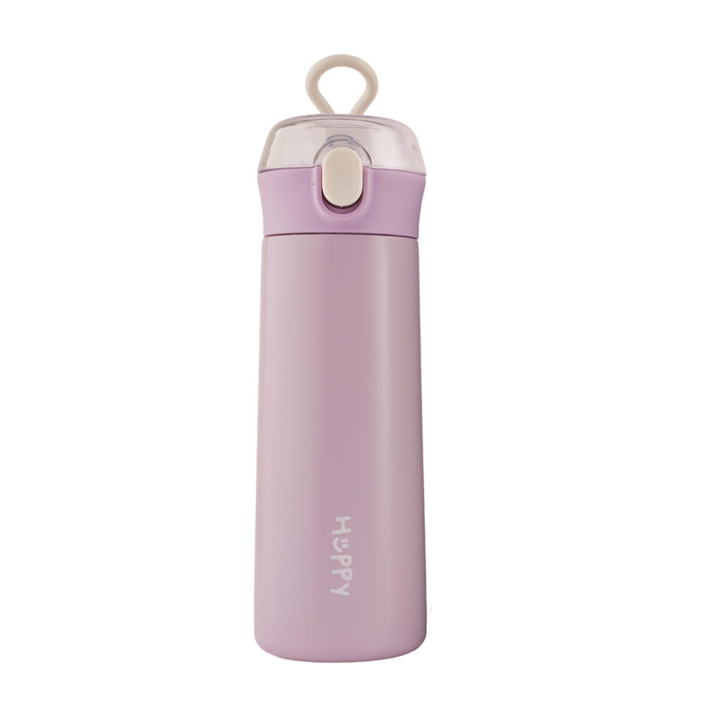 Refillable Lavender stainless steel insulated flask with a push-button lid. Perfect for travel.  