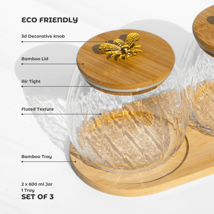 Luxury Fluted Glass Storage Jars with Airtight Lids & Tray JAR