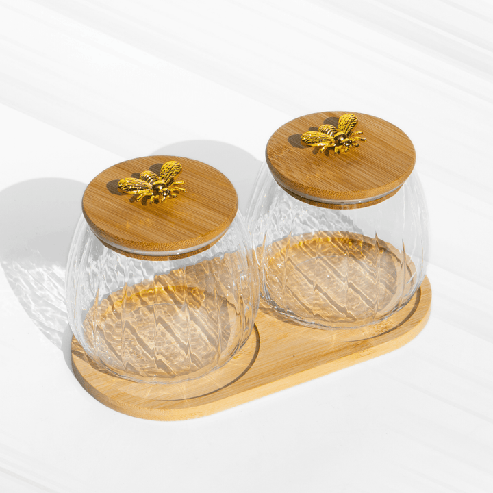 Luxury Fluted Glass Storage Jars with Airtight Lids & Tray JAR