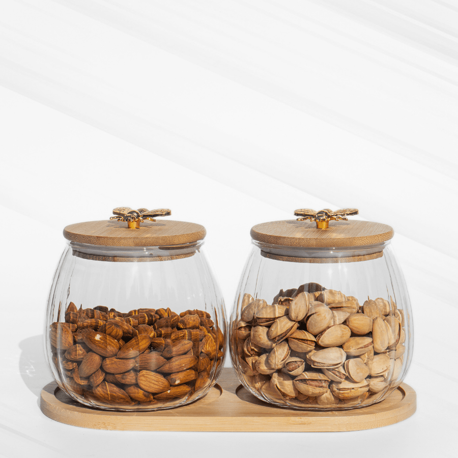 Luxury Fluted Glass Storage Jars with Airtight Lids & Tray JAR