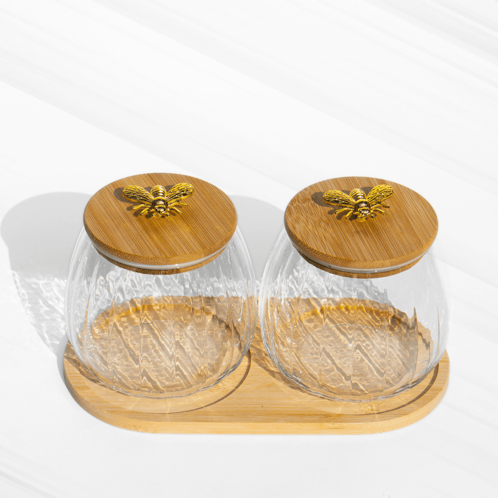 Luxury Fluted Glass Storage Jars with Airtight Lids & Tray JAR