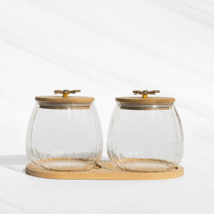 Luxury Fluted Glass Storage Jars with Airtight Lids & Tray JAR