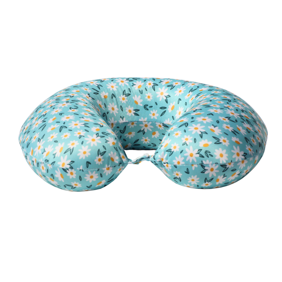 U-shaped neck pillow with a floral pattern in bright colors. The pillow is made from soft, 100% polyester fabric and has a plush memory foam filling.