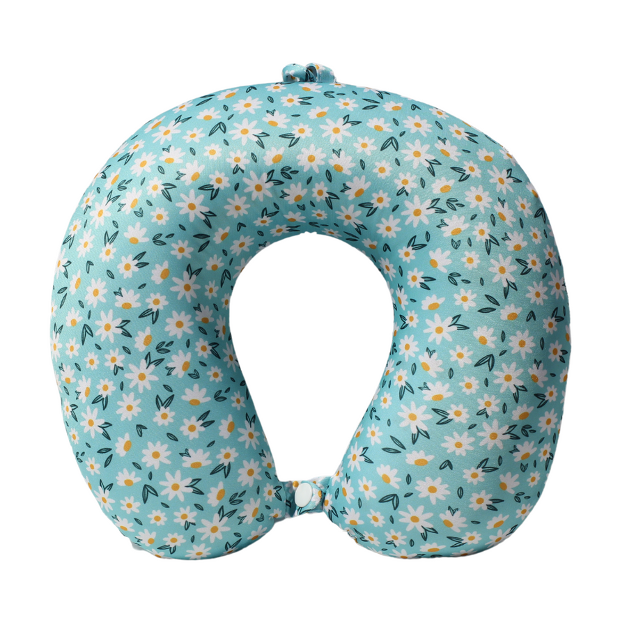 U-shaped neck pillow with a floral pattern in bright colors. The pillow is made from soft, 100% polyester fabric and has a plush memory foam filling - Candy Floss