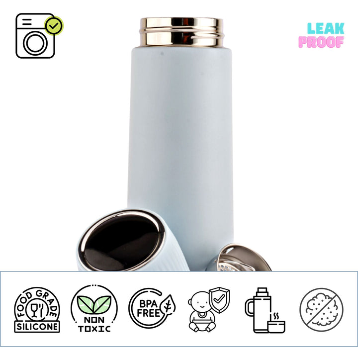 Refillable stainless steel insulated bottle with a leakproof lid featuring a digital temperature display. Perfect for travel. 380ml capacity. Available in pastel colors.