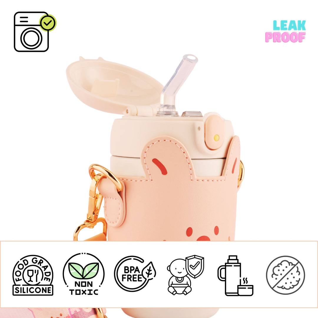 Refillable stainless steel insulated flask with a cute bear design, leakproof lid, and brown premium leather carrying loop strap.