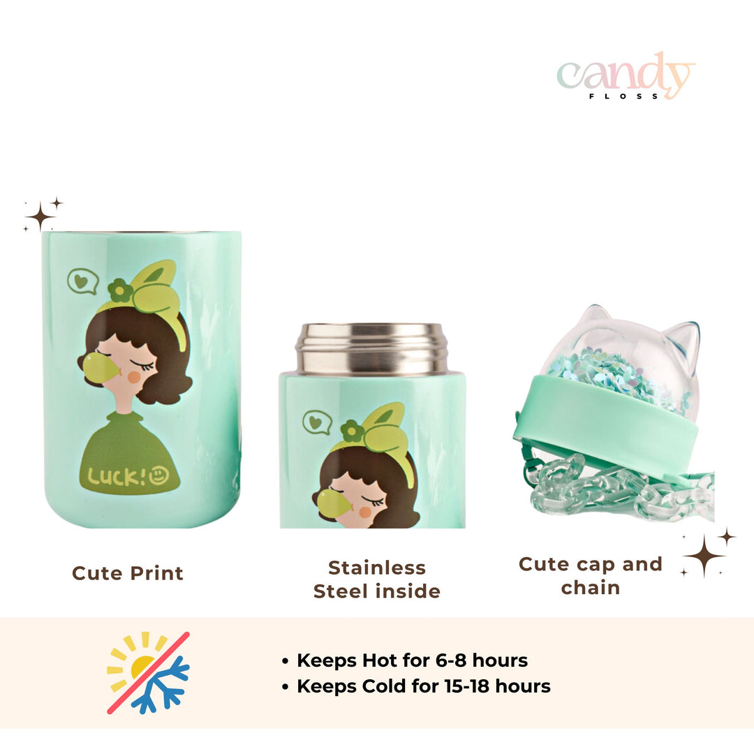 flask with cute print, stainless steel inside, cute cap and chain
