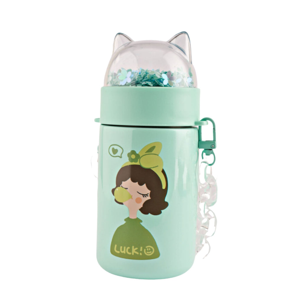 Refillable stainless steel insulated green bottle with a cute girl design and glitter in the cap. Leakproof lid and handle for easy carrying. Perfect for travel.
