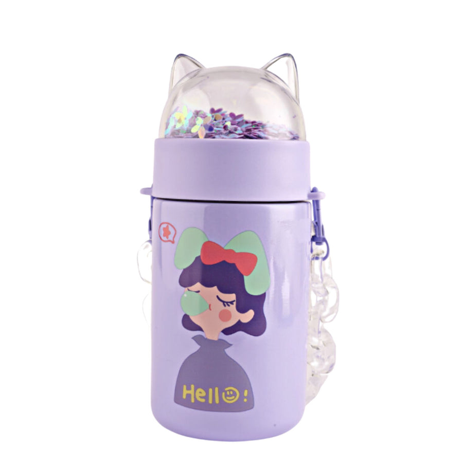 Refillable stainless steel insulated purple bottle with a cute girl design and glitter in the cap. Leakproof lid and handle for easy carrying. Perfect for travel.