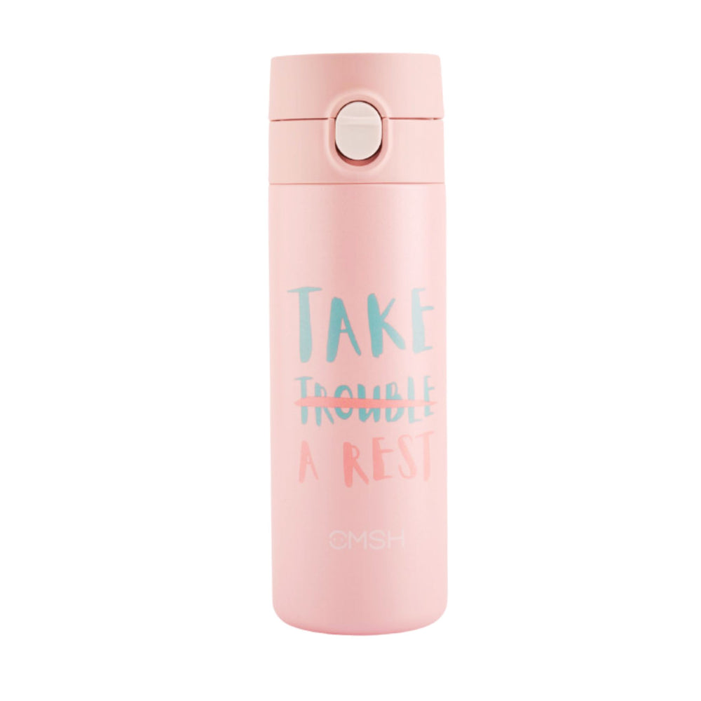 Refillable pink tie-dye designed stainless steel insulated flask with leakproof lid.