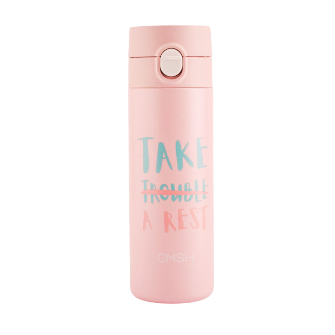 Refillable pink tie-dye designed stainless steel insulated flask with leakproof lid.