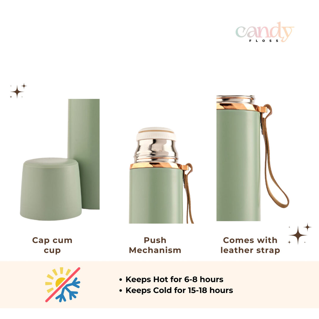 cap cum cup, push mechanism, flask with a leather strap.