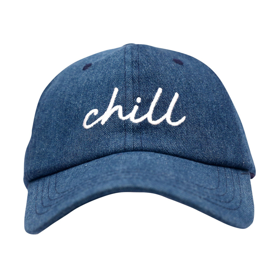 Blue denim baseball cap with text "Chill" embroidered on the front. The cap has a curved brim and an adjustable snapback closure.