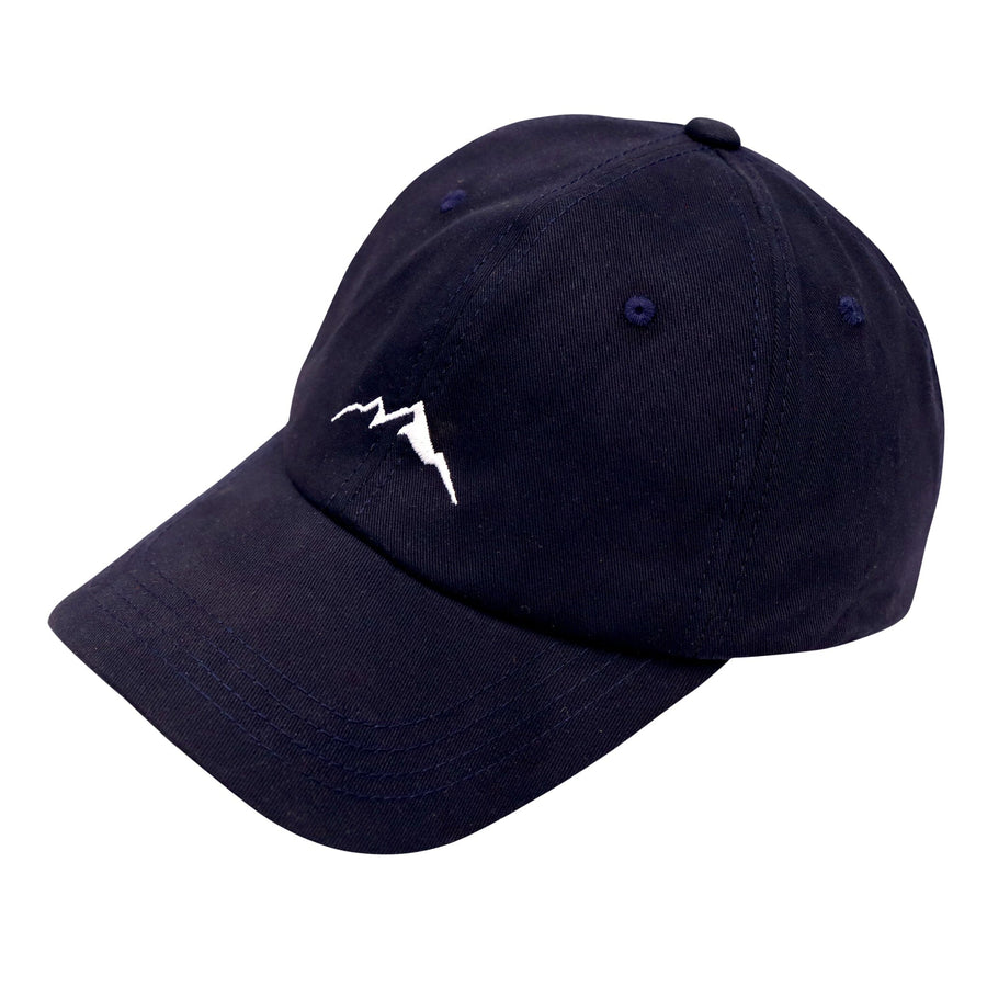 A navy blue cotton baseball cap with a curved brim and an adjustable strap in the back. The front of the cap has a detailed, colorful mountain range embroidered on it.