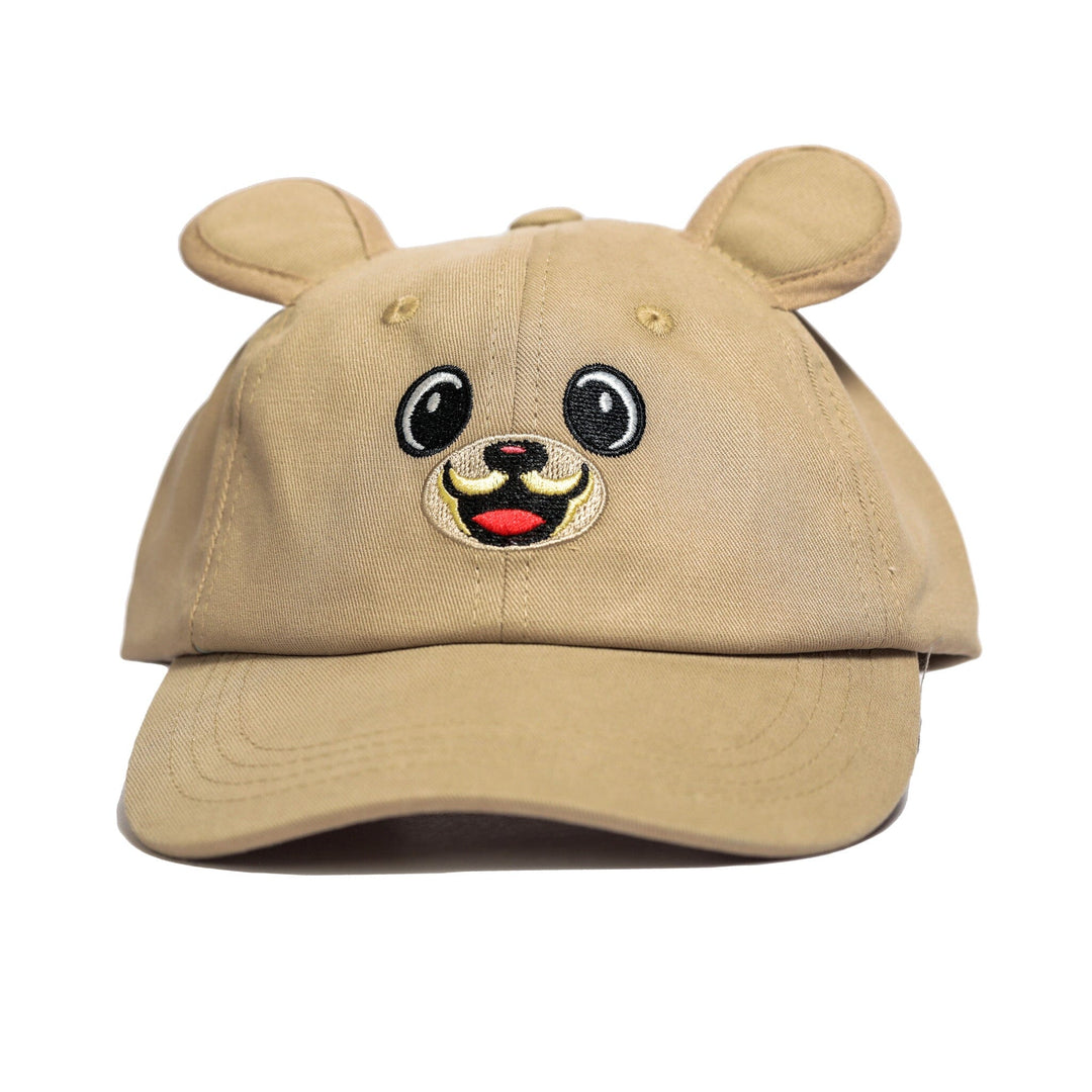 Light brown cotton baseball cap with two sewn-on brown bear ears on the top and a cute brown and black bear embroidered on the front. The cap has an adjustable strap in the back.