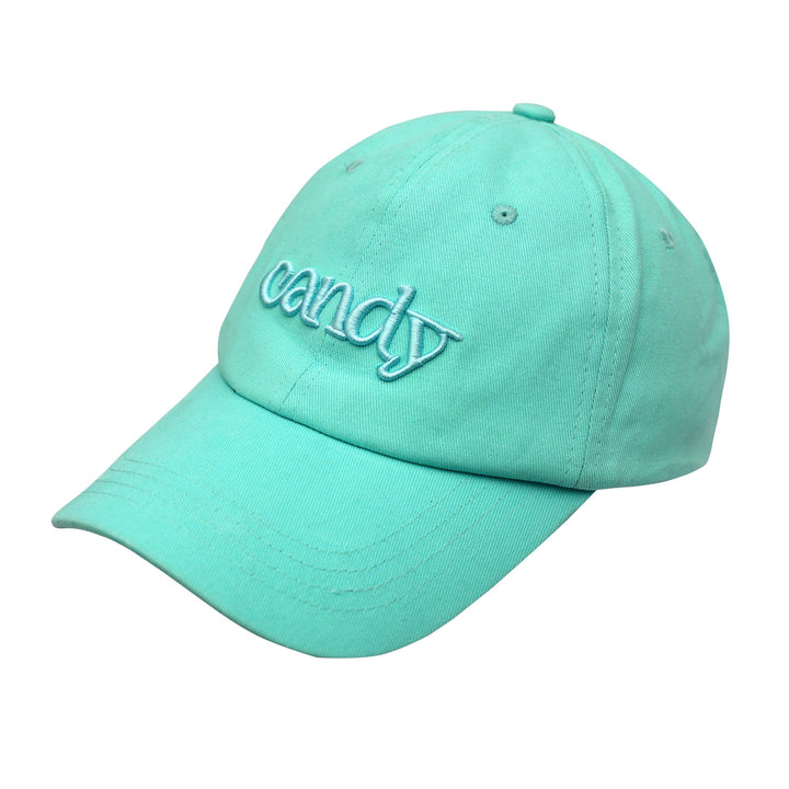 A mint green cotton baseball cap with a curved brim and an adjustable strap in the back. The cap has the word "Candy" embroidered on the front in a light pink thread with a slight 3D puff to the lettering.