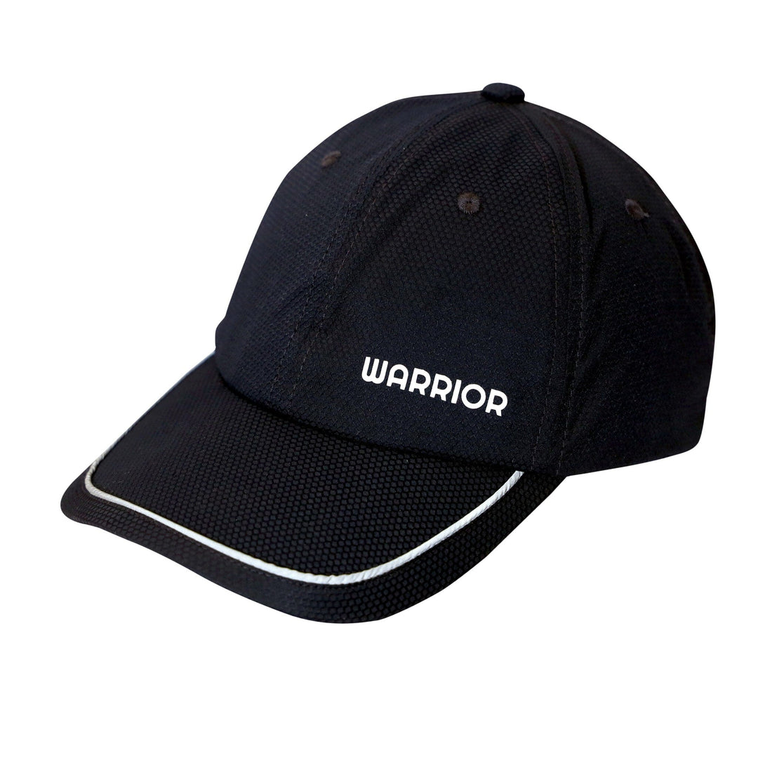 A navy blue dry-fit baseball cap with a curved brim and an adjustable strap in the back. The cap has a black "Warrior" embroidered on the front in white stitching.