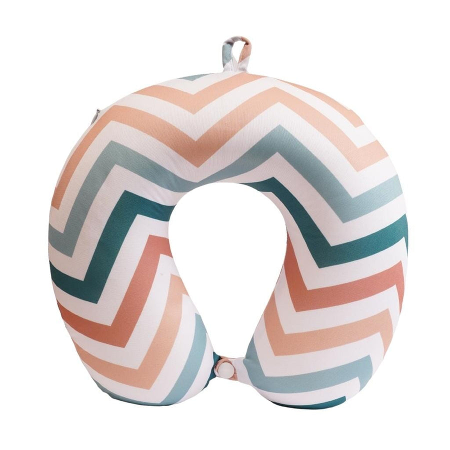 U-shaped neck pillow with a wave-like design in pastel colors. The pillow is made from soft, 100% polyester fabric and has a plush memory foam filling.