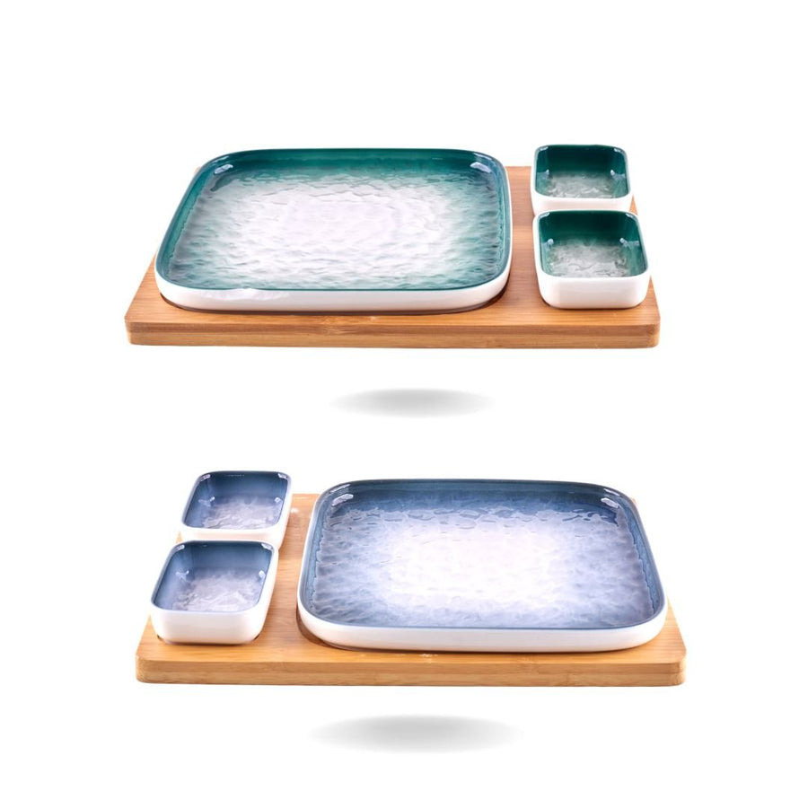Ceramic Service Bowl with Wooden Plate Serving Trays and Bowls