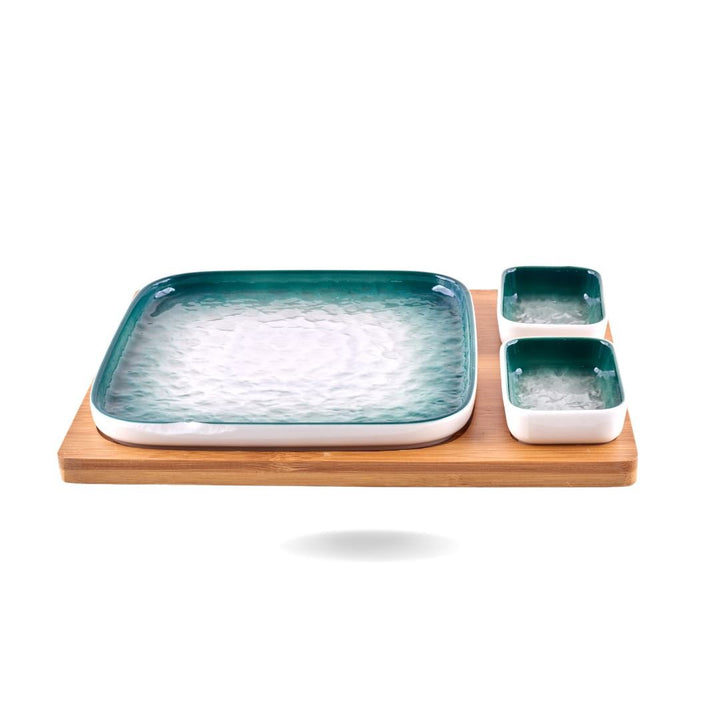 Ceramic Service Bowl with Wooden Plate Serving Trays and Bowls