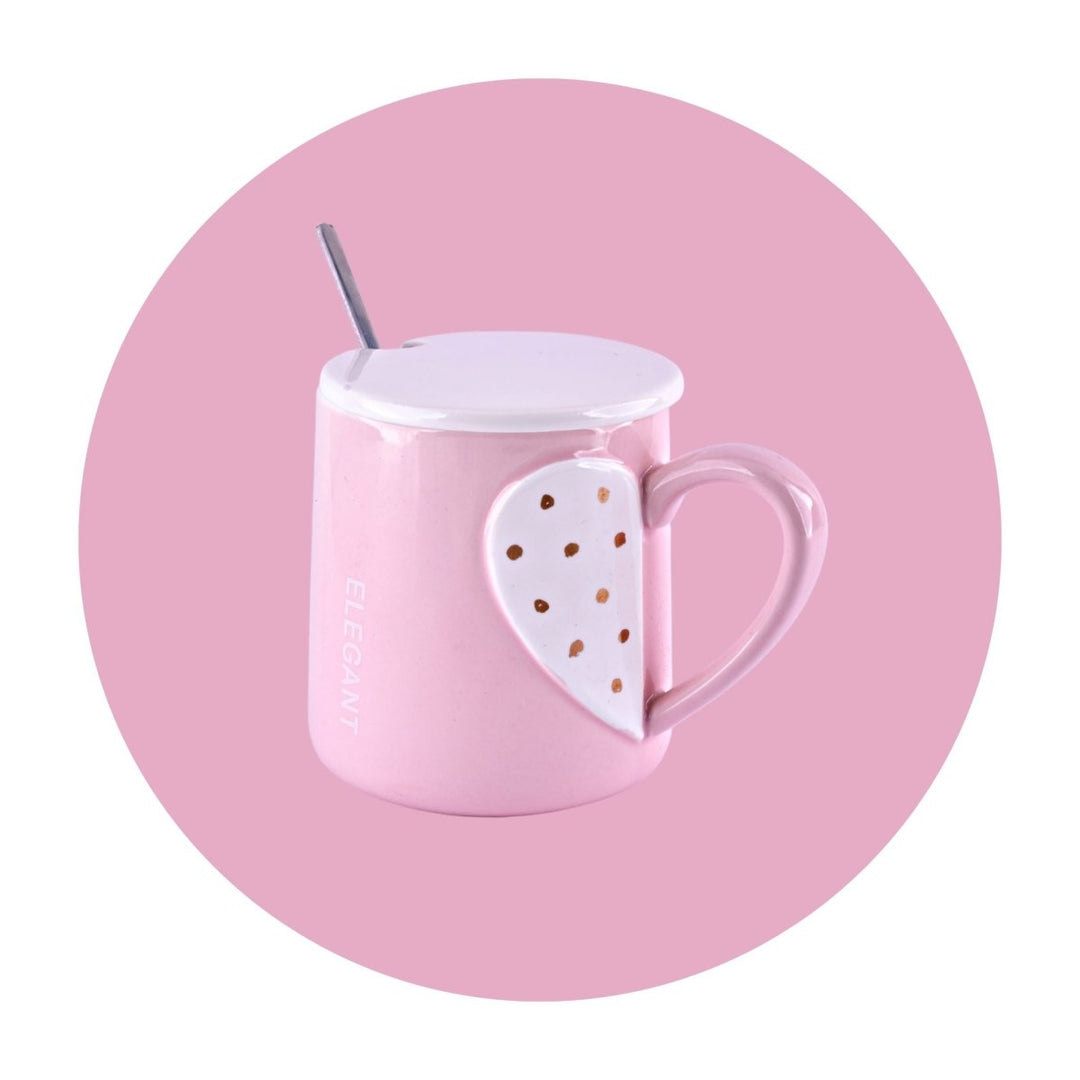 Hearts & Brews: Cute Mug with Lid & Spoon Ceramic Mug