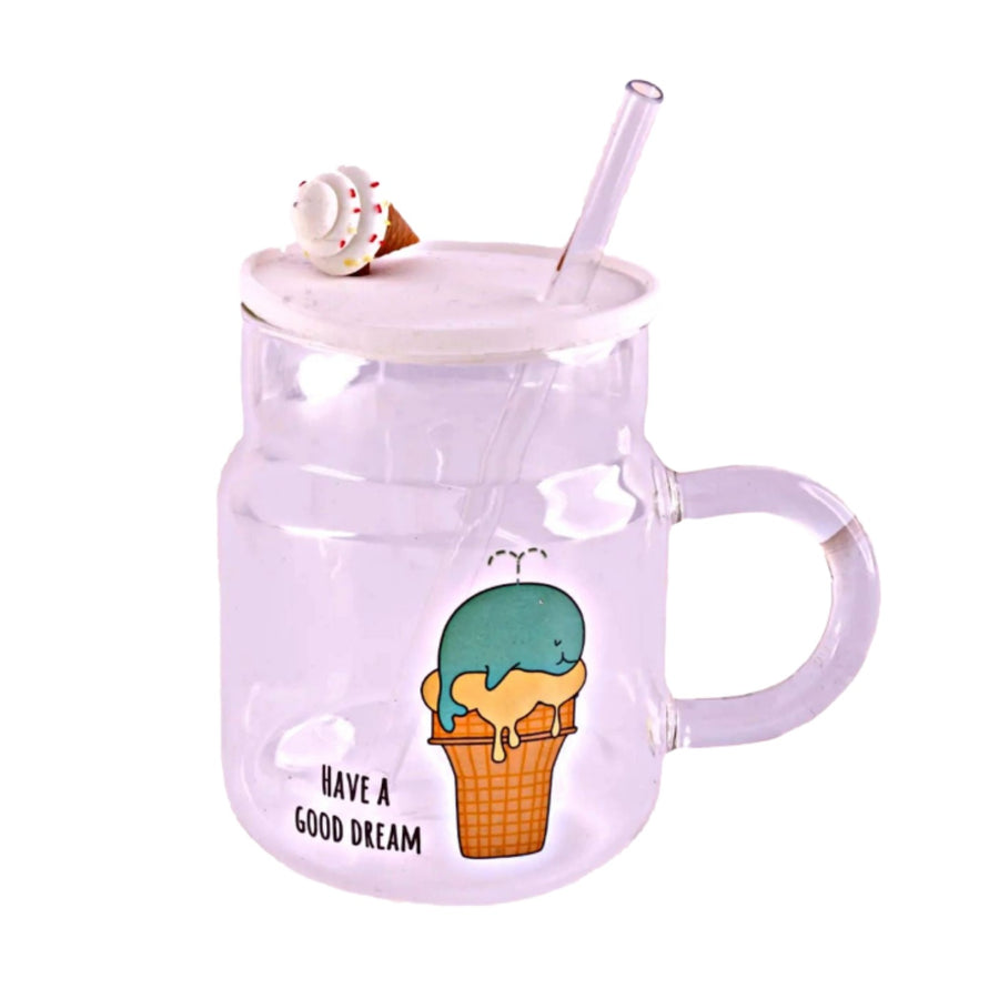 Glass mug with an ice cream cone design on the lid and a straw