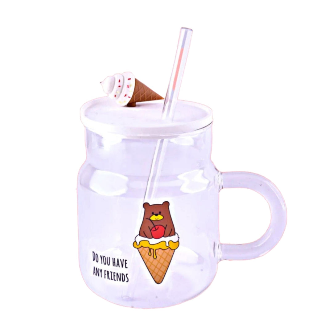 Glass mug with an ice cream cone design on the lid and a straw from Candy Floss