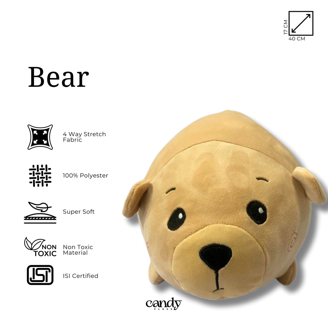 Soft and cuddly plush toy bear in a lying down position.  Made from 100% polyester fabric and safe for all ages.