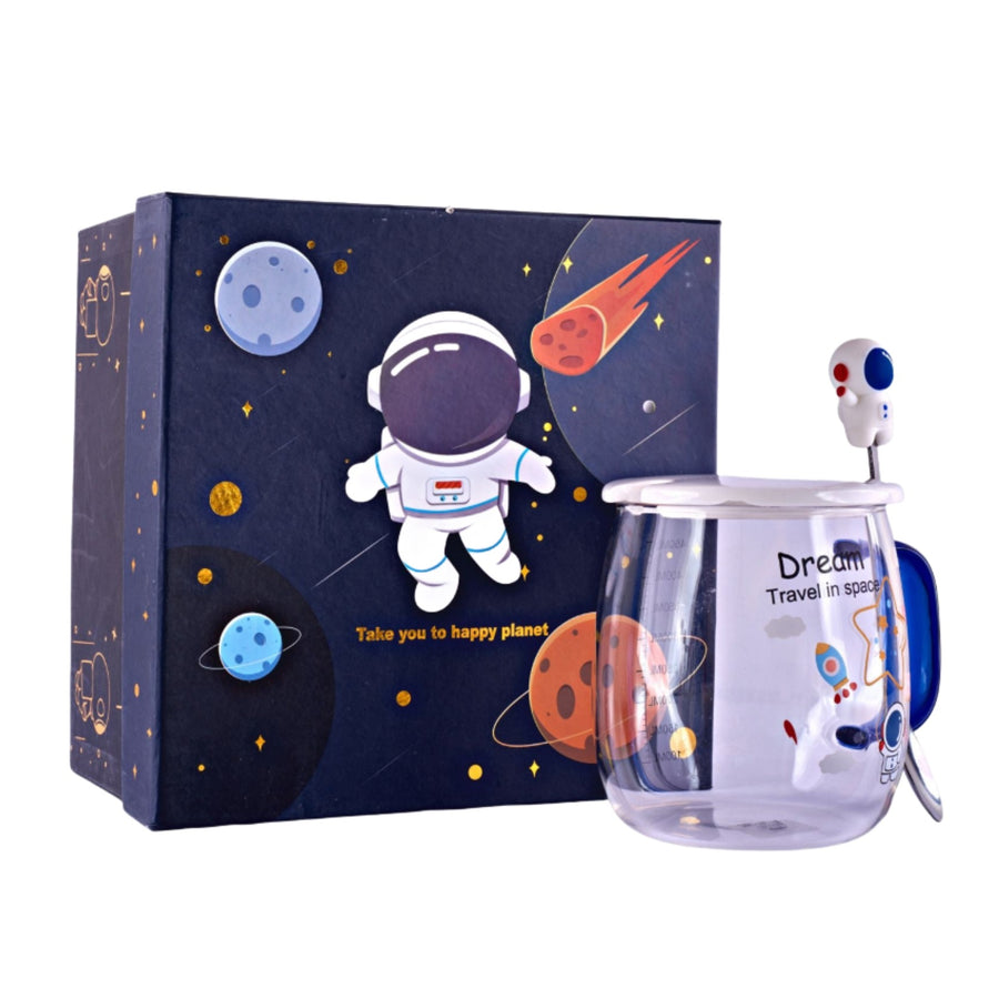 Glass mug featuring an astronaut design with a ceramic lid, spoon and gift box packaging