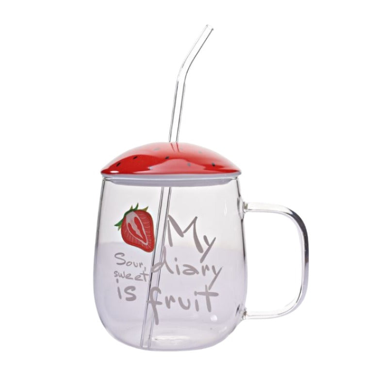 Glass mug with strawberry design, lid, and straw. Perfect for coffee, tea
