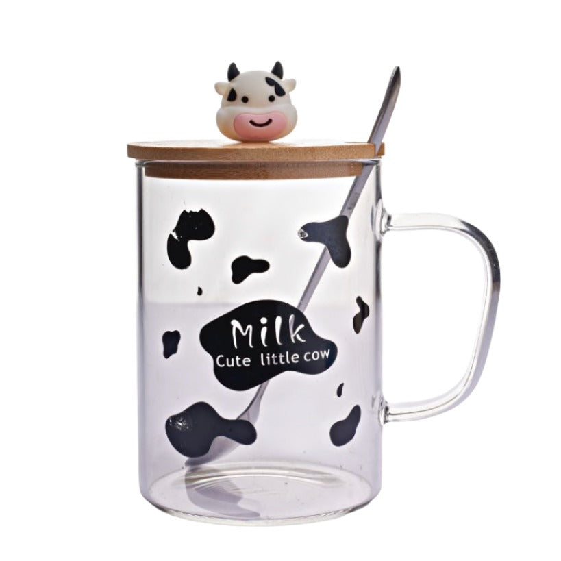 Glass mug with a wooden lid featuring a rubber cow head