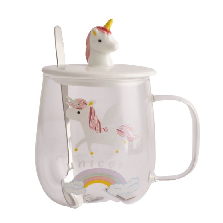 Glass mug with unicorn lid, spoon, and straw. Perfect for coffee, tea, juice, or any beverage.